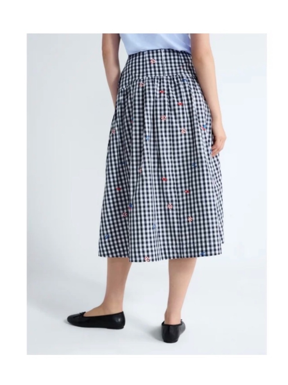 Gingham Embroidered Midi Skirt - Black/White with Red & Blue Accents - Picture 3 of 4